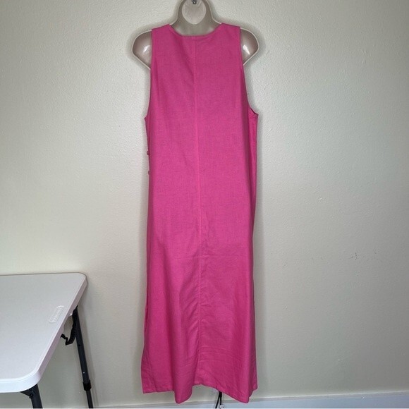 Denim and Co Linen Blend Jumper Dress Pink Maxi Button Side Pockets Women Small - Picture 13 of 13
